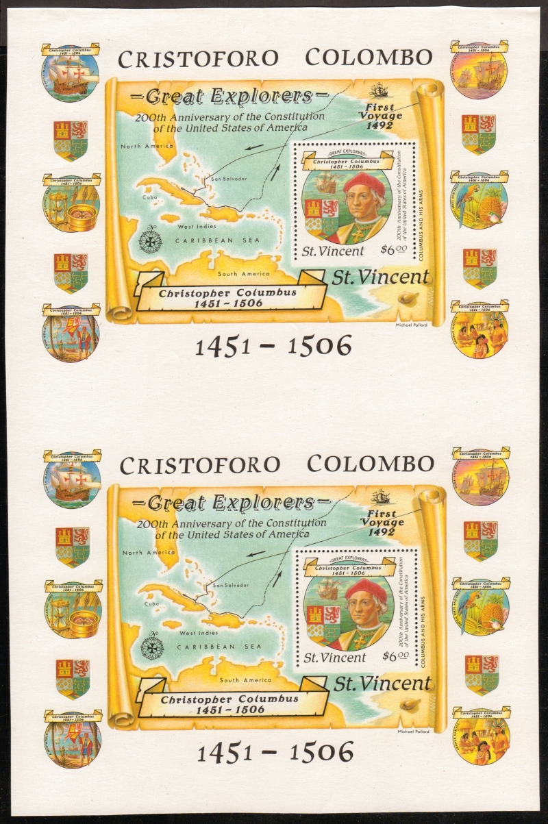 1988 Discovery of America Unissued $6.00 Souvenir Sheet Proof Pair with Perforations Missing on the Bottom 1988 Discovery of America Unissued $6.00 Souvenir Sheet Proof Pair with Perforations Missing on the Bottom